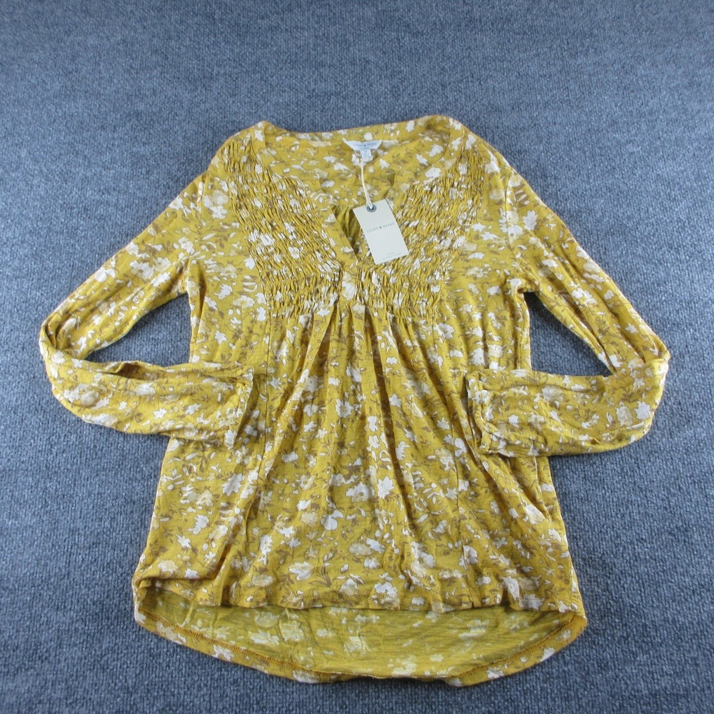 Lucky‎ Brand Blouse Womens M Yellow Floral V Neck Long Sleeve Tunic Knit Top